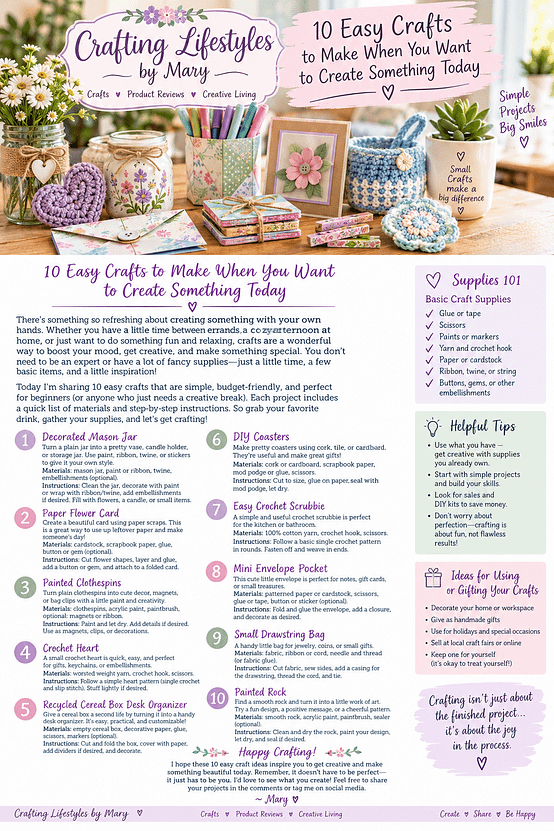 10 easy crafts to make including paper crafts, crochet, recycled crafts, painted clothespins, and DIY projects